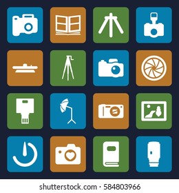 photography icons set. Set of 16 photography filled icons such as heart with camera, camera, studio umbrella, photo album