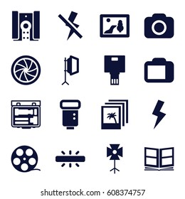 Photography icons set. set of 16 photography filled icons such as camera, camera flash, soft box, photo album, flash, no flash, photo