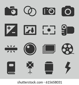 Photography icons set. set of 16 photography filled icons such as photos, camera, soft box, camera lense, photo album, light exposure, flash