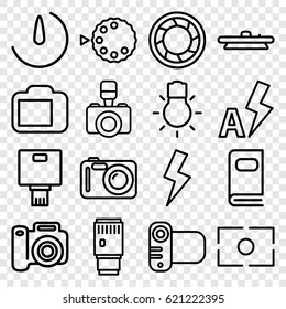 Photography icons set. set of 16 photography outline icons such as camera, camera shutter, photo album, flash