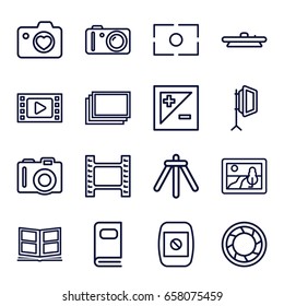 Photography icons set. set of 16 photography outline icons such as camera, photos, heart with camera, soft box, photo album, light exposure, picture