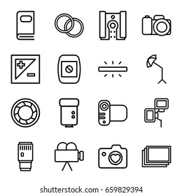 Photography icons set. set of 16 photography outline icons such as photos, heart with camera, camera, studio umbrella, photo album