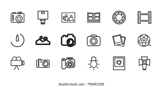 Photography icons. set of 18 editable outline photography icons: camera, movie tape, camera tape, family photo, photo, soft box, photo album
