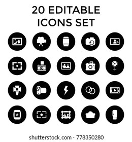 Photography icons. set of 20 editable filled photography icons such as picture, movie tape, family photo, camera, soft box. best quality photography elements in trendy style.