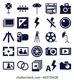 Photography icons set. set of 25 photography filled icons such as photos, camera, camera shutter, studio umbrella, soft box, light exposure, flash, no flash, auto flash, photo