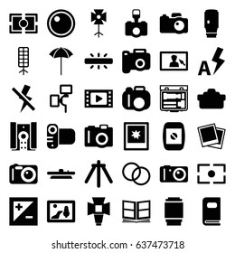 Photography icons set. set of 36 photography filled icons such as camera, photo, soft box, camera tripod, studio umbrella, photo album, light exposure, no flash, auto flash