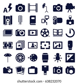 Photography icons set. set of 36 photography filled icons such as camera, photos, heart with camera, photo, studio umbrella, soft box, photo album, light exposure, auto flash
