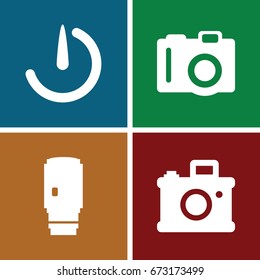 Photography icons set. set of 4 photography filled icons such as camera, camera lense