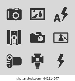 Photography icons set. set of 9 photography filled icons such as camera, soft box, flash 