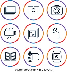 Photography icons set. set of 9 photography outline icons such as photos, camera, camera display, studio umbrella, photo album, camera focus