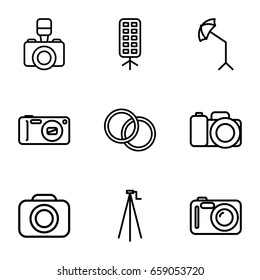 Photography icons set. set of 9 photography outline icons such as camera, camera tripod, studio umbrella, soft box