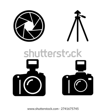 Photography icons set. Camera, lens aperture, and tripod symbols. Professional photo equipment silhouettes vector illustration