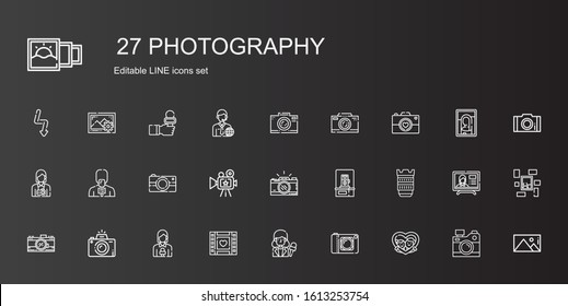 photography icons set. Collection of photography with frame, camera, news reporter, wedding video, photo camera, camera lens, photographer. Editable and scalable photography icons.