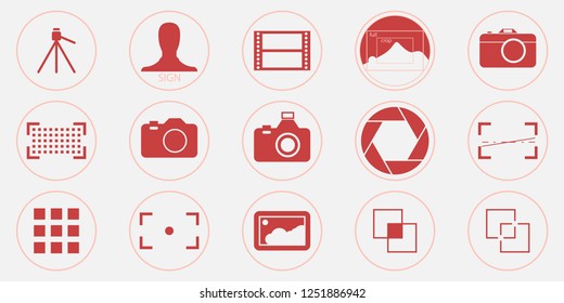 Photography icons set - digital camera illustrations - photo & picture sign and symbols in a trendy coral color. Thin line vector eps 10