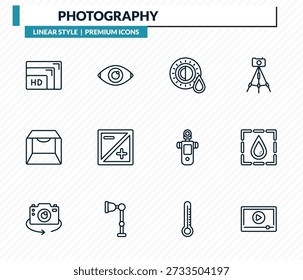 conjunto de ícones de fotografia - resolução, olhos vermelhos, sombras, desfoque, reprodução vídeo coleção de vetor contorno.