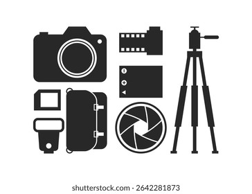 Photography icons set stock illustration. Photo equipment, camera accessories black silhouette icons Vector illustration 