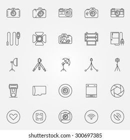 Photography icons set - vector collection of camera, tripod, spotlight, softbox and photo accessories symbols in thin line style