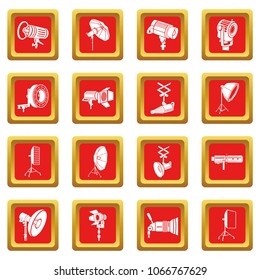 Photography icons set vector red square isolated on white background 