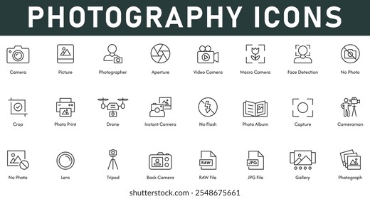 Photography Icons vector illustration with thin line editable stroke contains camera picture aperture photograph gallery lens capture no flash crop photo print face detection photographer