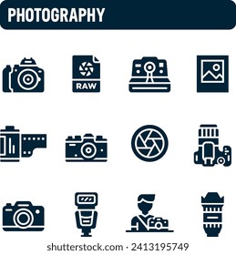 Photography icons. Vector set of cameras and photographer. Filled icon design.