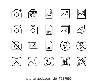 Ícones de edição de fotografia e imagem - Câmera, foto, PNG, JPG, edição de imagem, conjunto de ícones de linha de vetor