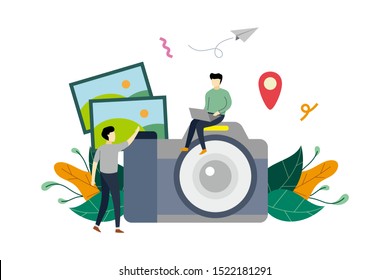 Photography industry, photography courses flat illustration with big camera and small people concept vector template, suitable for background, landing page, advertising illustration