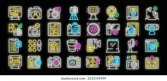 Photography industry glowing neon icons set with editing, shooting, equipment, and more visual content creation concepts