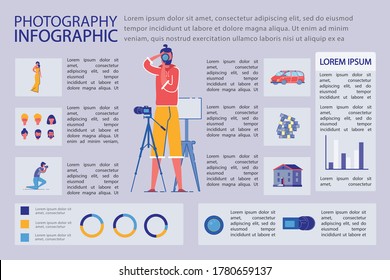 Photography Infographic Set with Photographer Make Picture on Photo Camera. People, Studio Equipment and Various Graphs and Icons. Informative or Reporting Presentation Kit. Flat Vector Illustration.