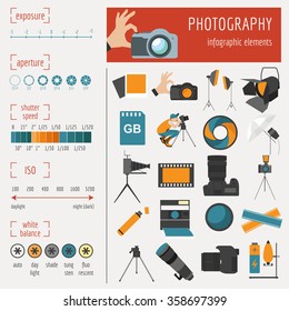 Photography infographics set with photo, camera equipment. Vector illustration