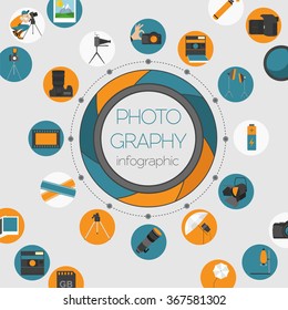 Photography infographics set with photo, camera equipment. Vector illustration