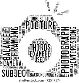 photography info-text (cloud word) composed in the shape of a generic camera on white background