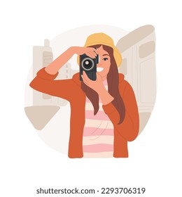 Photography isolated cartoon vector illustration. Happy hipster girl holding camera and taking pictures, teenagers hobby and lifestyle, learning new skills, leisure time vector cartoon.