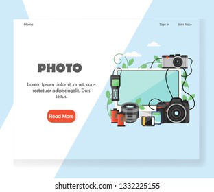 Photography landing page template. Vector flat style design concept for photographer website and mobile site development. Computer, camera, digital camera, photographic films, memory cards.