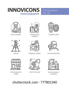 Photography - line design icons set with description. DSLR and mirrorless camera, lens, tripod, memory cards, photographer, store, photo studio, courses. Collection of high quality web elements