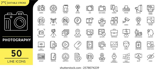 Photography line editable icon set. Editable Stroke.  camera, apperture, lens, back camera, instant camera, drone, galery, fine art, photographer, and more.  Vector Illustration.