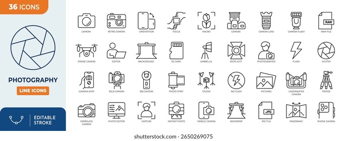 Photography line editable icon set. Containing photograph symbol, photo, camera, photographer, video camera, and more. Editable stroke. Vector illustration