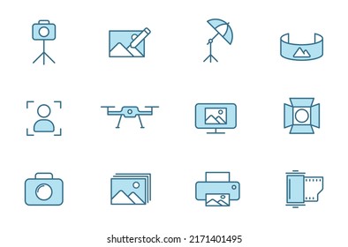 photography line filled icons in two colors isolated on white background. photography blue icon set for web design, ui, mobile apps, print polygraphy and promo business