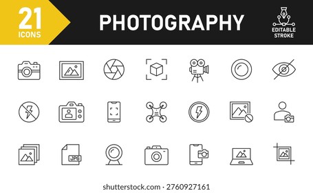 Photography line icon set. Set of 21 outline icons related to photo, photographer, camera, flash, picture, shutter, gallery and others. Editable stroke. Vector illustration.