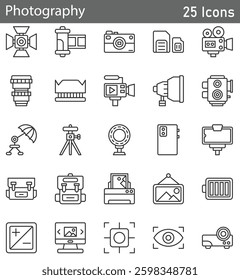 Photography Line Icons Set. Collection of 30 outline icons representing cameras, photography equipment, and creative imaging. Editable stroke vector illustration