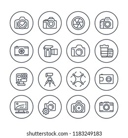 photography line icons set on white, mirrorless, action camera, lenses, drone photo, dslr, aperture, tripod