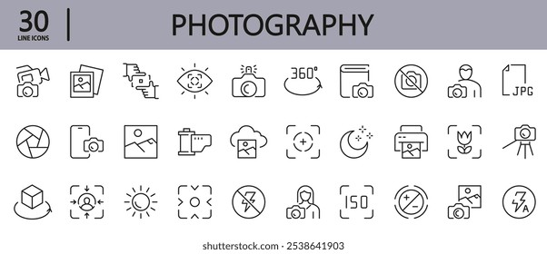 Photography line icons set with Photo, Focus, Photographer, Camera, Tripod, Macro and more. Editable Stroke