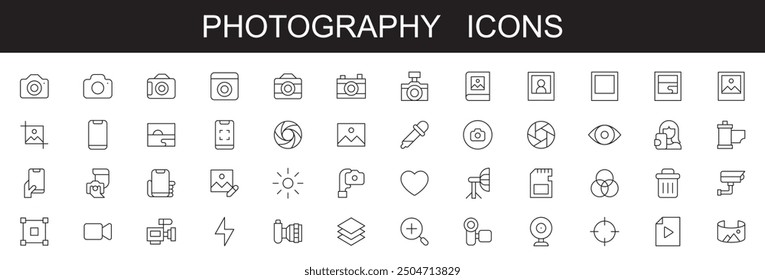 Photography line icons set . white background . editable stroke . vector illustration . photo, icon, camera, photograph, photographer, video, picture, shutter, collection bundle icons,