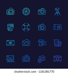 photography line vector icons, mirrorless, action camera, lenses, drone photo, tripod