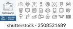 Photography line web icons. Camera, lens, tripod, studio backdrop roll, lights stand. Editable stroke