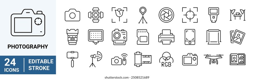 Photography line web icons. Camera, lens, tripod, studio backdrop roll, lights stand. Editable stroke