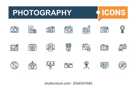 Photography linear icon collection. Includes icons for picture, lens, selfie, instant, album, photo, business and more. Collection for mobile and web apps. Outline and solid pictogram.