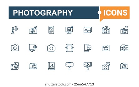 Photography linear icon collection. Includes icons for picture, lens, selfie, instant, album, photo, business and more. Collection for mobile and web apps. Outline and solid pictogram.