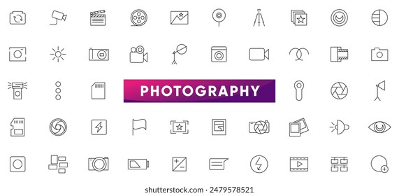 Photography linear icon set. Camera, photo, photographer, studio light, film cameras and photoshoot outline icon collection. UI thin outline icons pack.