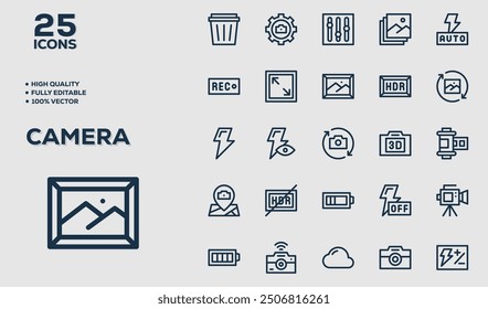 Photography linear icon set. Camera, photo, photographer, studio light, film cameras and photoshoot outline icon collection. UI thin outline icons pack.