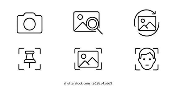 Photography linear icon set - camera, editing, and image search symbols